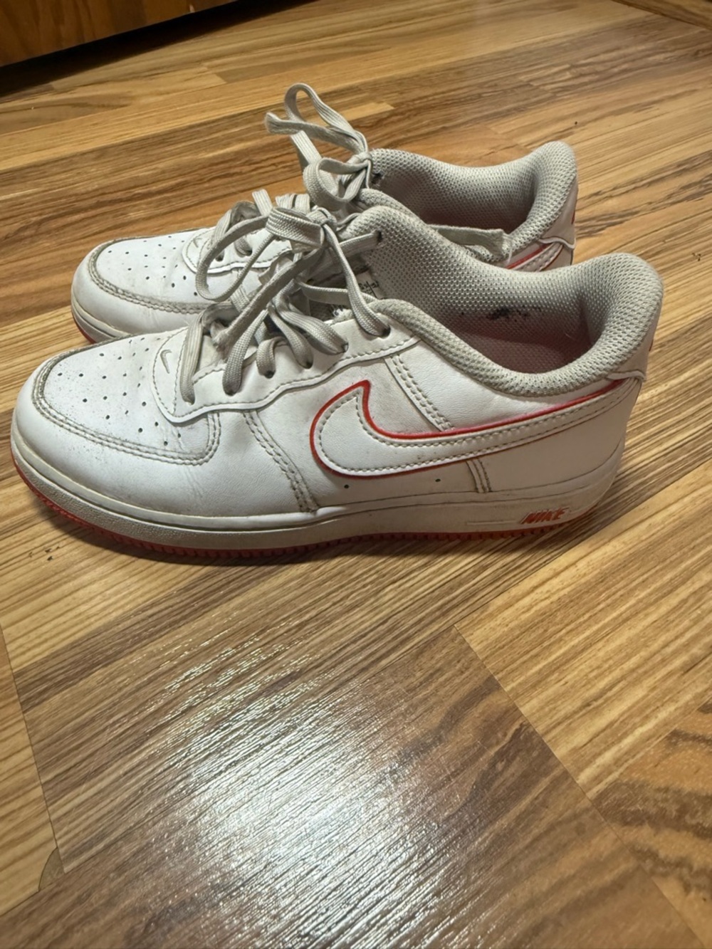 Nike Kids' White Air Force One Leather Sneakers with Red Accent, 3Y